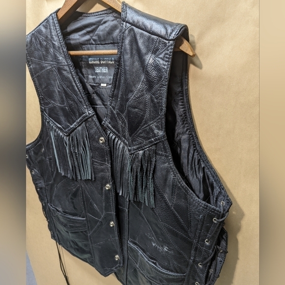 Navarre Leather Co Genuine Buffalo Fringe Vest Italian Stone Men's sz 4X Black - Picture 2 of 6